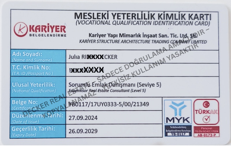 Sorumlu Emlak Danışmanı Seviye 5 — Julia's personal brokerage license Türkiye