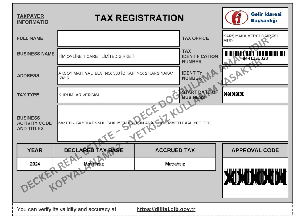 Vergi Levhaşı — tax registration Türkiye, Decker Real Estate