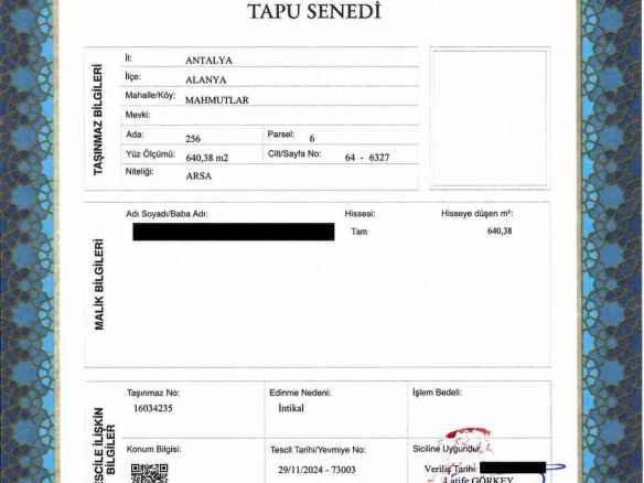 Mahmutlar Arsa: Tapu Senedi Ada 256 Parsel 6 ile 640,38 m² (sahip verileri düzenlenmiştir)