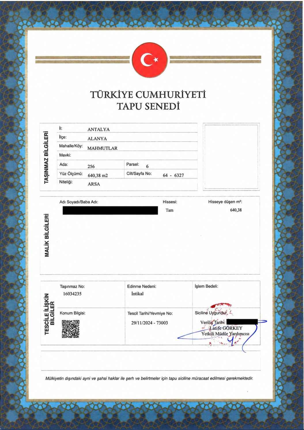 Mahmutlar Arsa: Tapu Senedi Ada 256 Parsel 6 ile 640,38 m² (sahip verileri düzenlenmiştir)