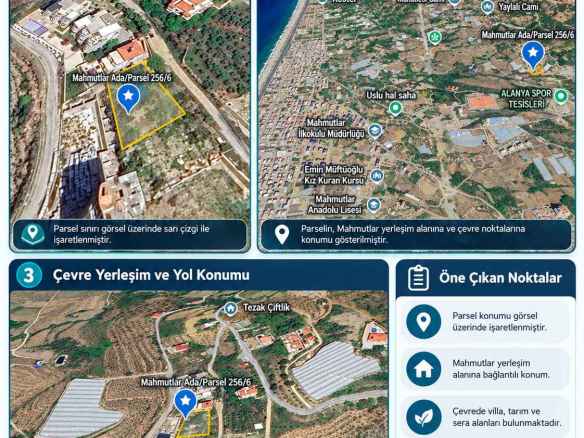 Mahmutlar Arsa: Ada 256 Parsel 6'nın konumu, çevresi ve yol bağlantıları hakkında kısa bir bakış.
