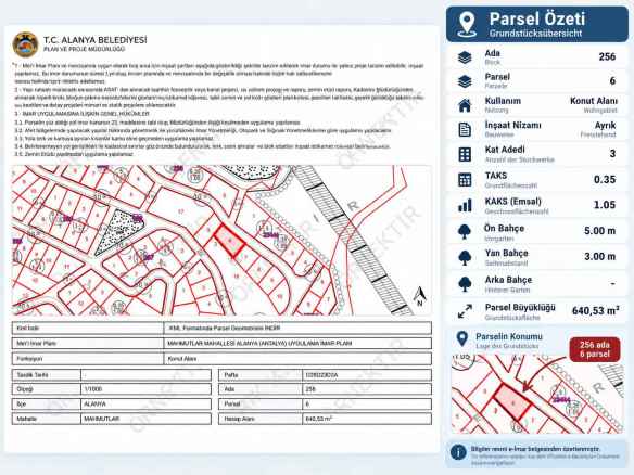 Mahmutlar Arsa: Parsel genel görünümü ve plan özeti Ada 256 Parsel 6
